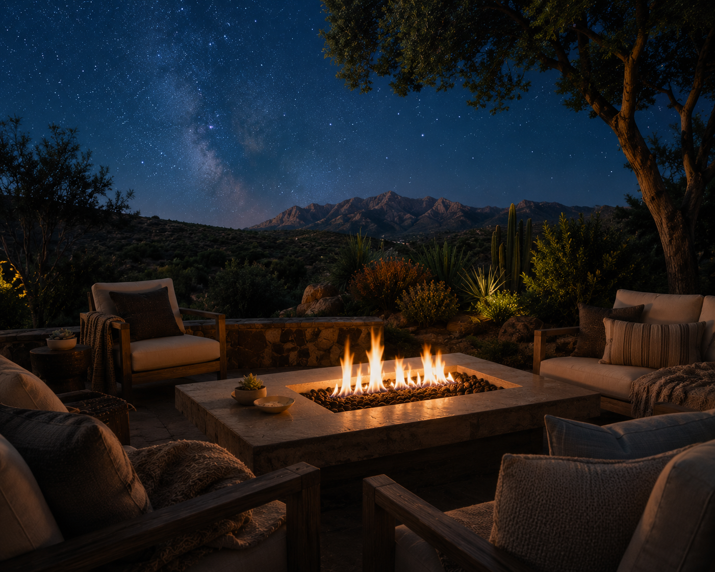 A fire table surrounded by comfortable outoor furniture under a beautiful starry sky—Evergreen Al Fresco Outdoor Living
