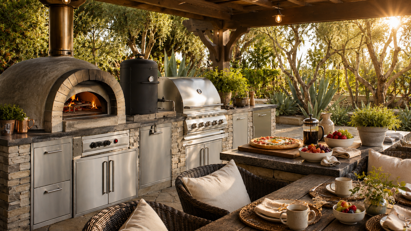An outdoor kitchen under a wooden ramada in the early morning. Breakfast pizza, fruit and coffee set out—Evergreen Al Fresco Outdoor Living