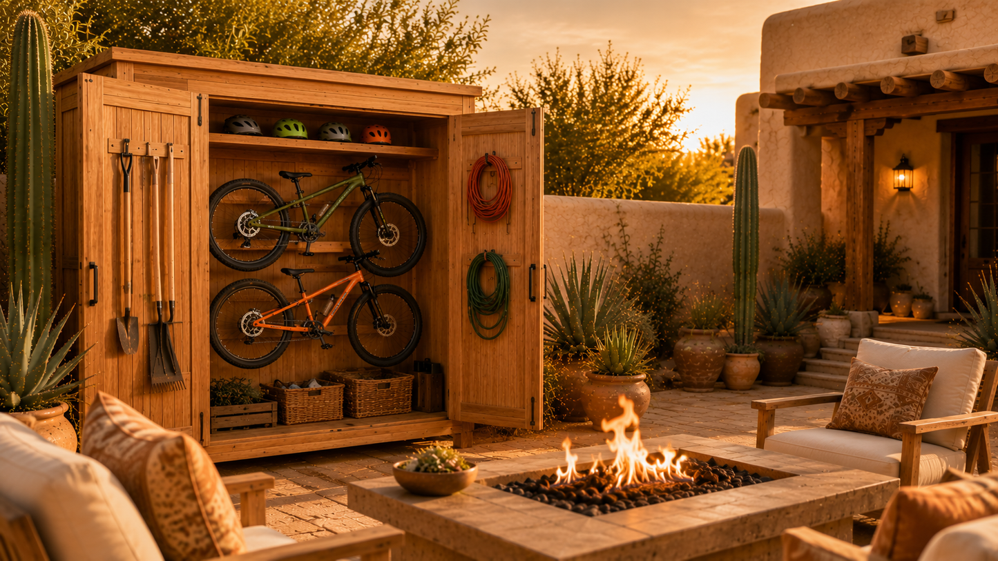 Outdoor cedar storage cabinet with bikes and garden tools—Evergreen Al Fresco Outdoor Living