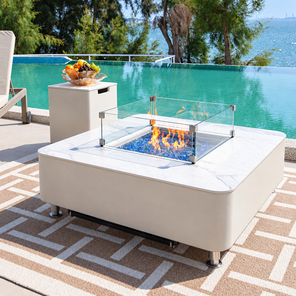 Upscaled tank cover with white fire table